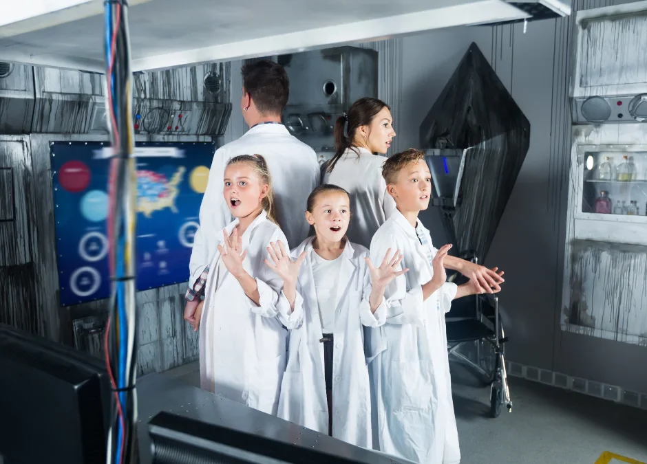 Family inside an escape room